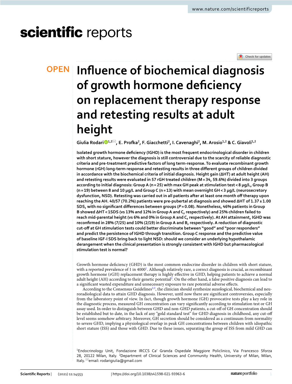 Influence of Biochemical Diagnosis of Growth Hormone Deficiency On