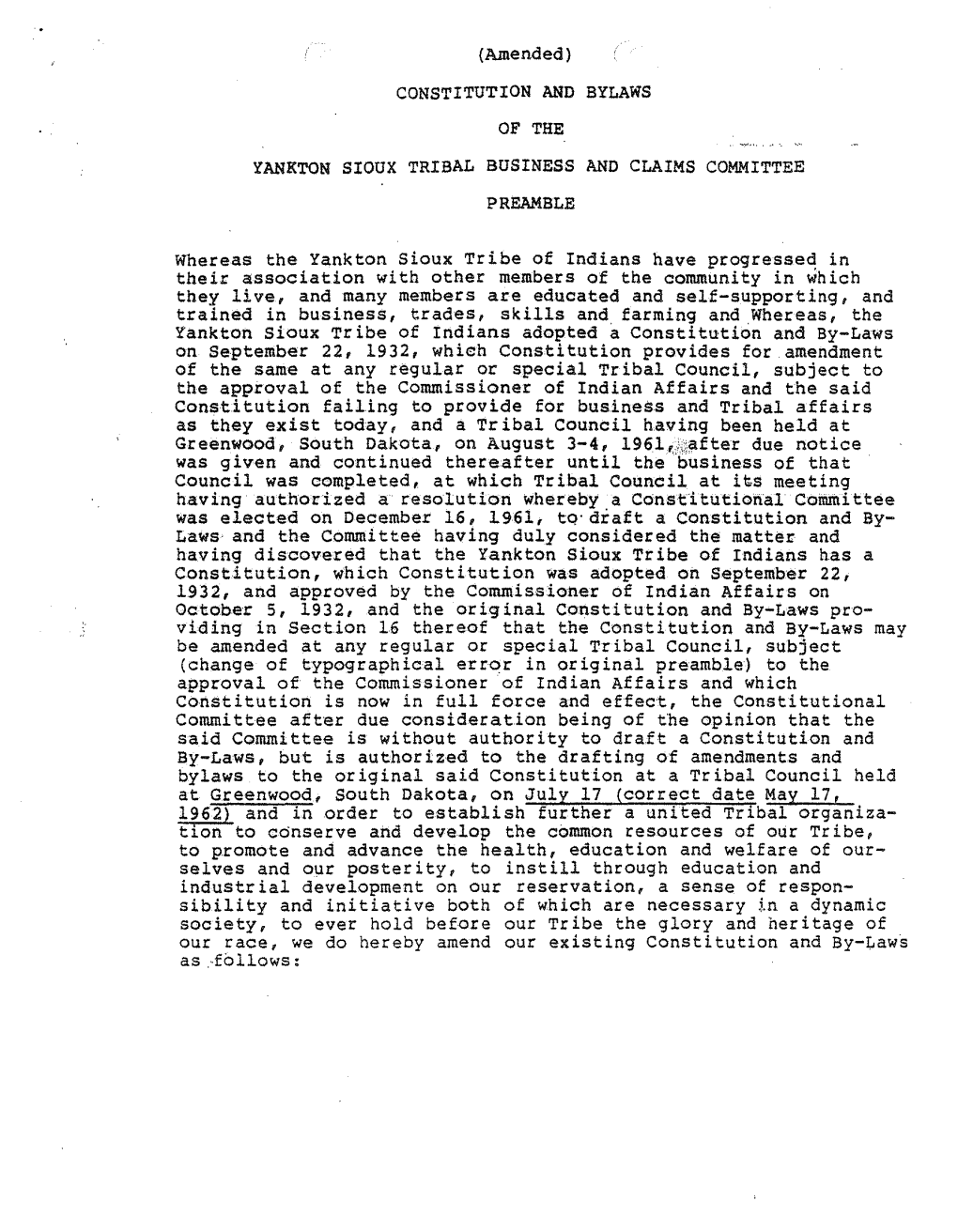 (Amended) CONSTITUTION and BYLAWS of the YANKTON SIOUX TRIBAL BUSINESS and CLAIMS COMMITTEE PREAMBLE