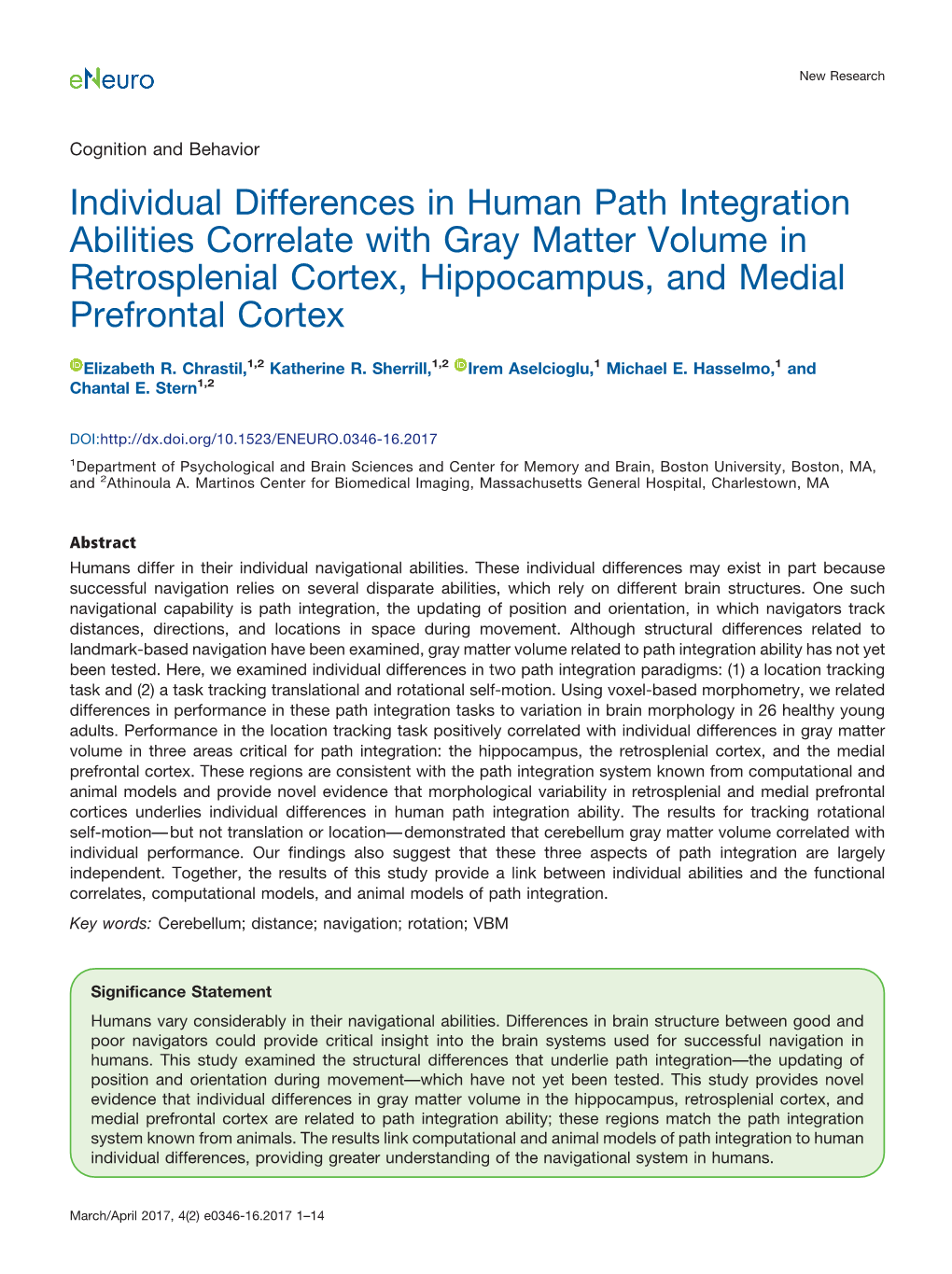 Individual Differences in Human Path Integration Abilities Correlate with Gray Matter Volume in Retrosplenial Cortex, Hippocampus, and Medial Prefrontal Cortex