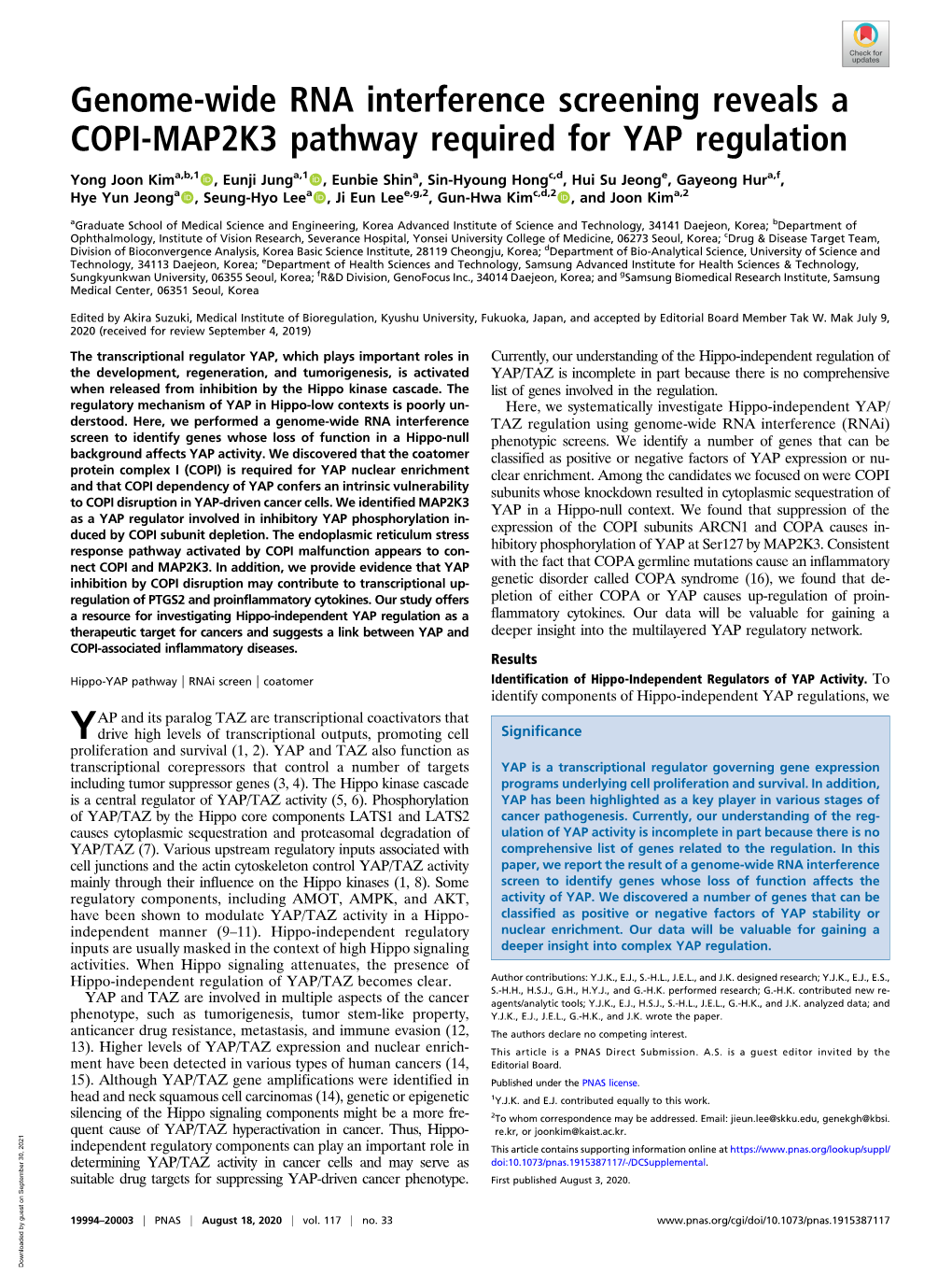 Genome-Wide RNA Interference Screening Reveals a COPI-MAP2K3 Pathway Required for YAP Regulation