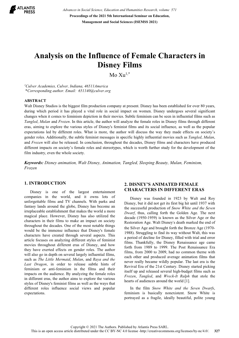 Analysis on the Influence of Female Characters in Disney Films Mo Xu1,*