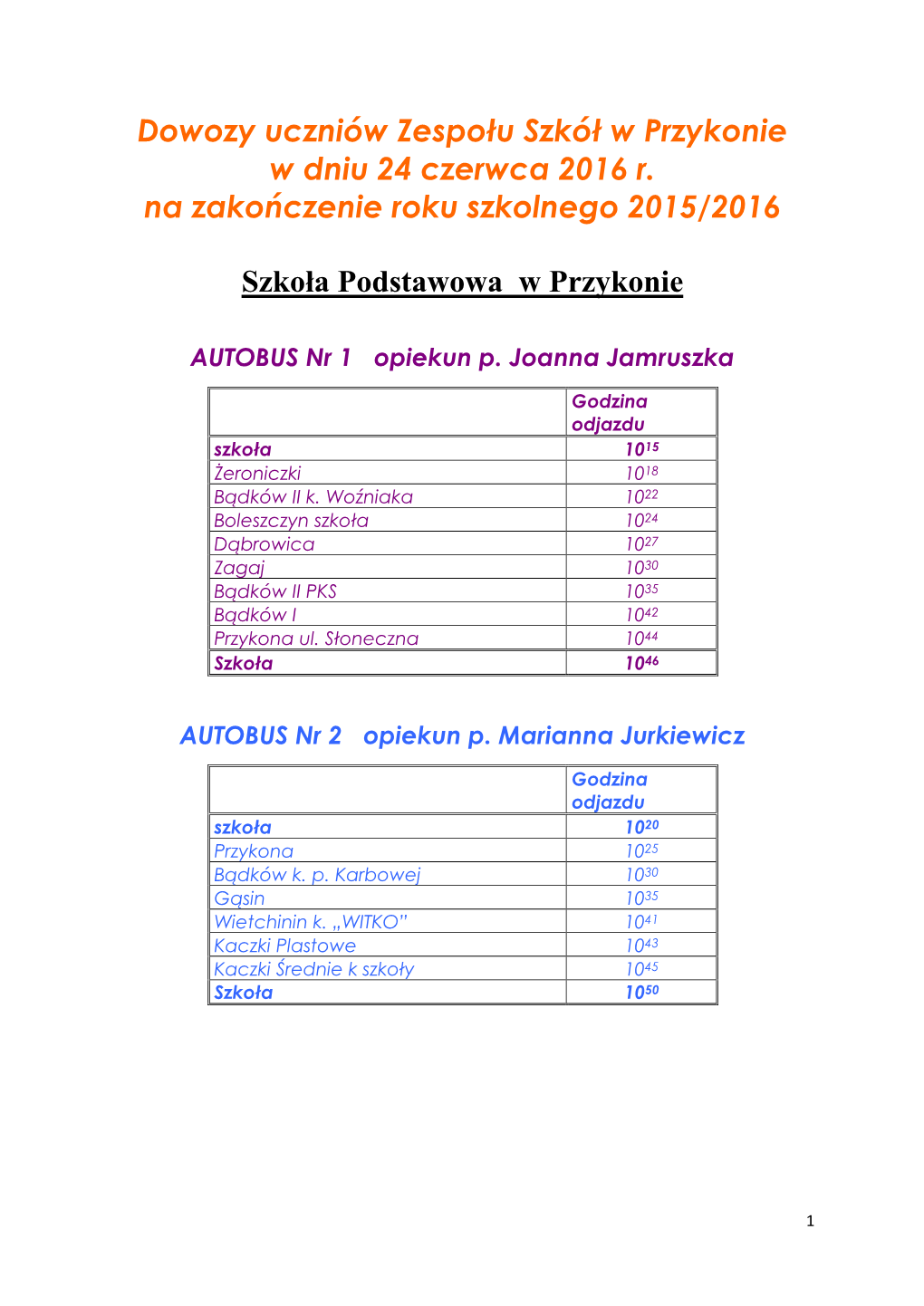 Dowozy Uczniów Zespołu Szkół W Przykonie W Dniu 24 Czerwca 2016 R