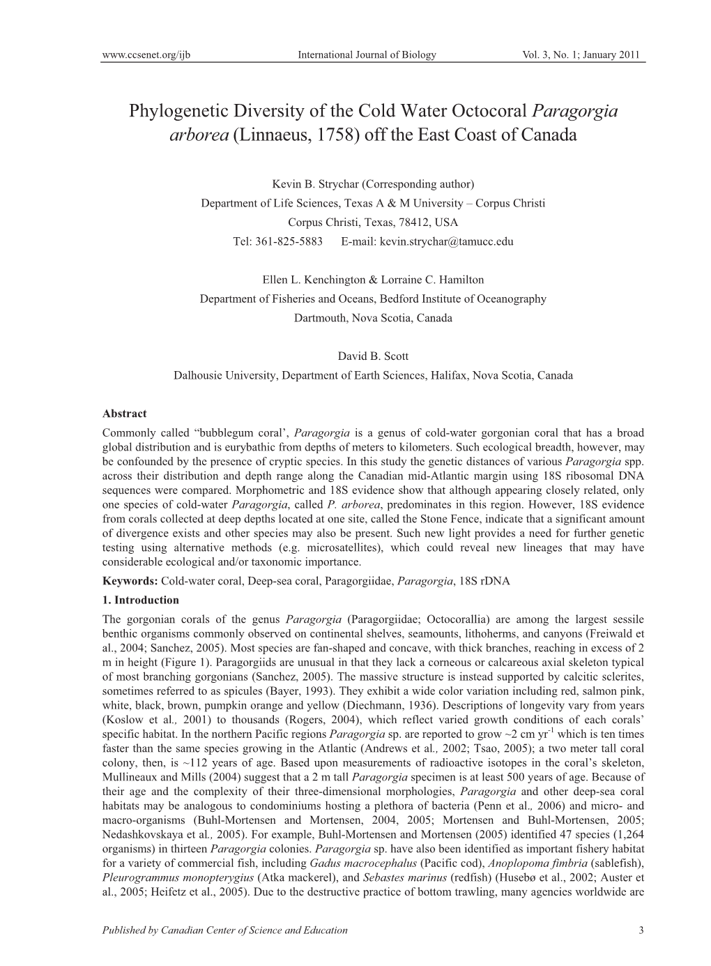 Phylogenetic Diversity of the Cold Water Octocoral Paragorgia Arborea (Linnaeus, 1758) Off the East Coast of Canada