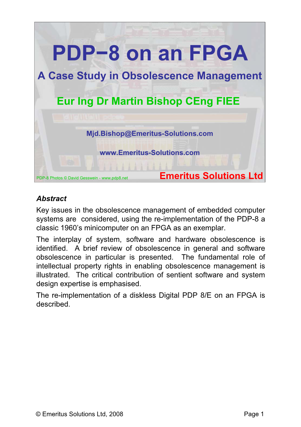 PDP−8 on an FPGA a Case Study in Obsolescence Management