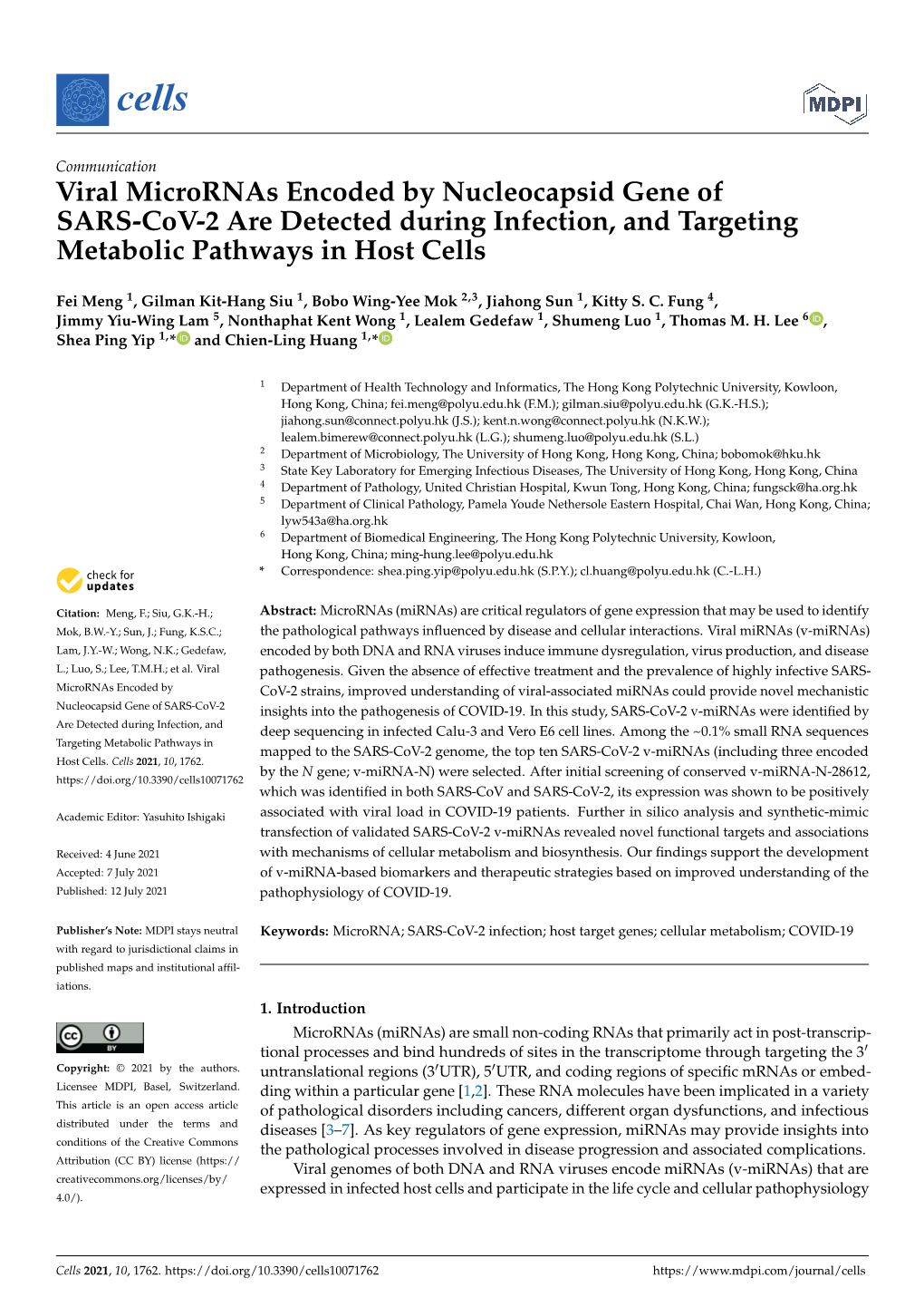 Viral Micrornas Encoded by Nucleocapsid Gene of SARS-Cov-2 Are Detected During Infection, and Targeting Metabolic Pathways in Host Cells