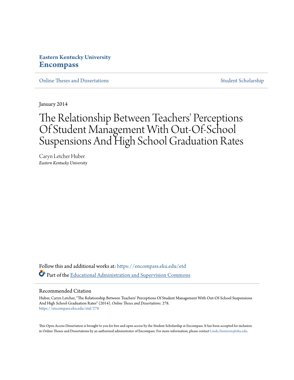 The Relationship Between Teachers' Perceptions of Student Management with Out-Of-School Suspensions and High School Graduati