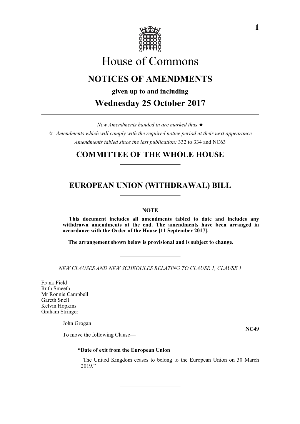 Notices of Amendments As at 25 October 2017
