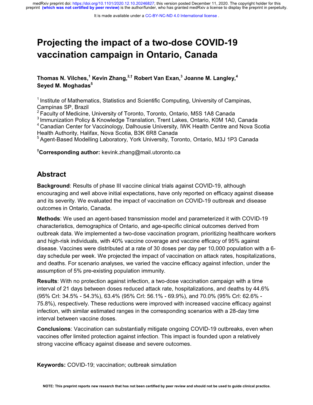 Projecting the Impact of a Two-Dose COVID-19 Vaccination Campaign in Ontario, Canada
