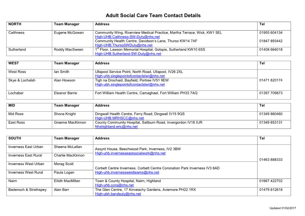 Adult Social Care Team Contact Details