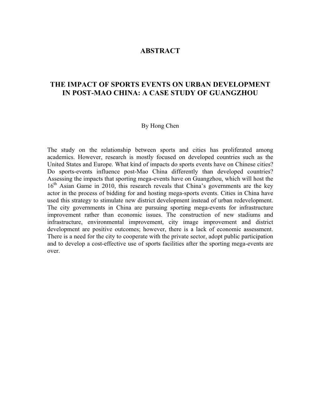 The Impact of Sports Events on Urban Development in Post-Mao China: a Case Study of Guangzhou