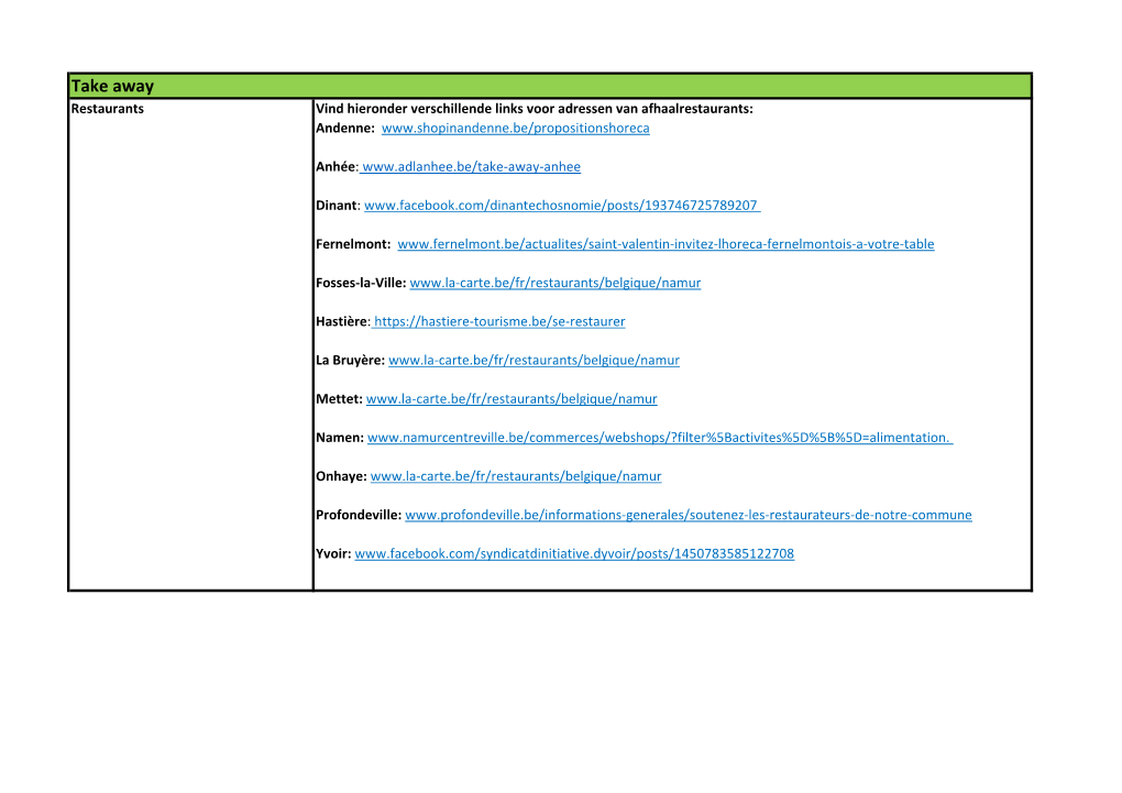 Take Away Restaurants Vind Hieronder Verschillende Links Voor Adressen Van Afhaalrestaurants: Andenne
