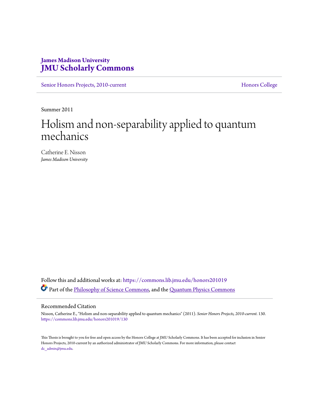 Holism and Non-Separability Applied to Quantum Mechanics Catherine E