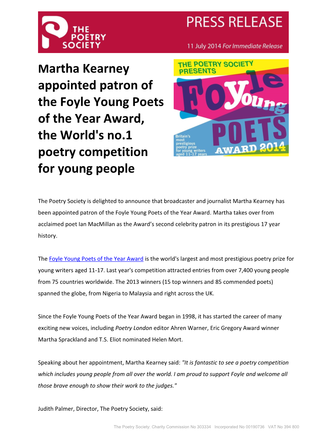 Radio 4'S Martha Kearney Announced As Patron of the Foyle Young Poets