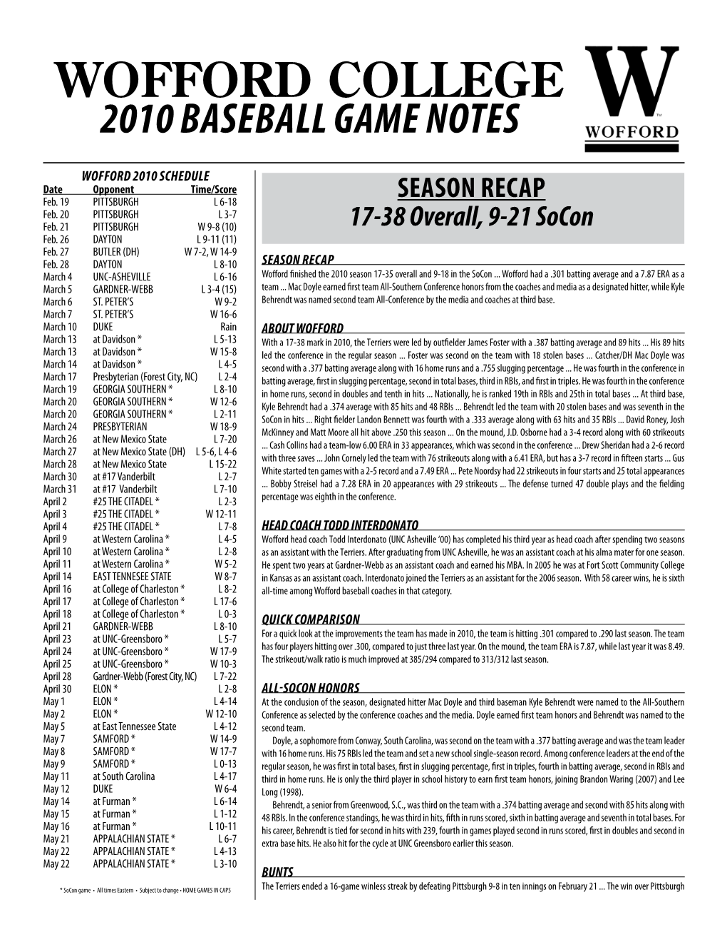 Wofford College 2010 Baseball Game Notes