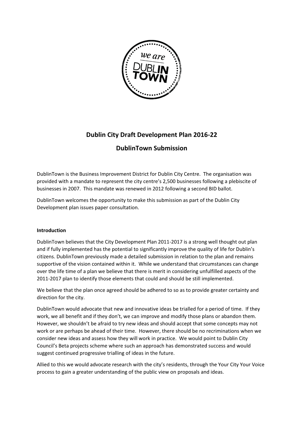 Dublin City Draft Development Plan 2016-22 Dublintown Submission