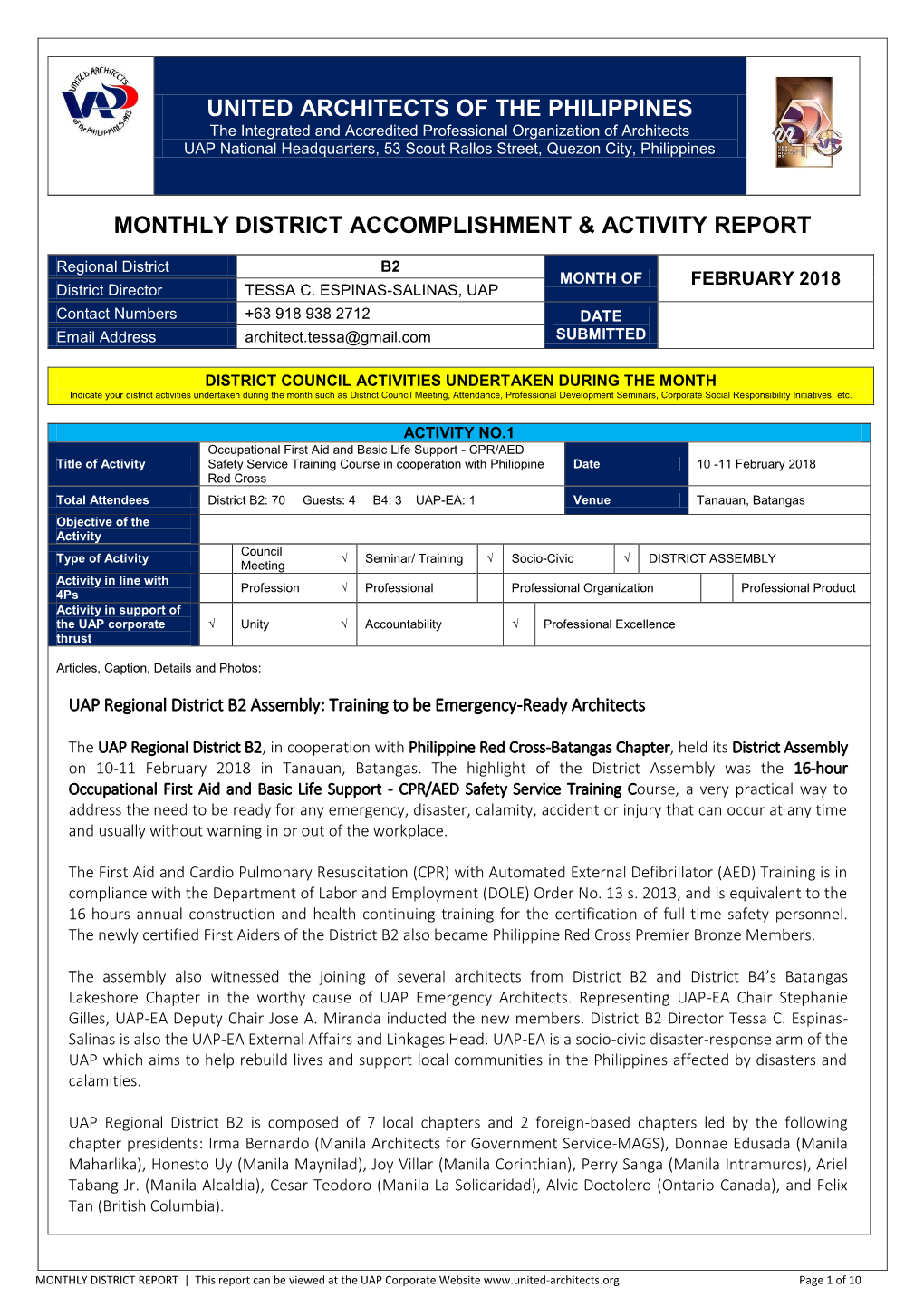 Monthly District Accomplishment & Activity Report