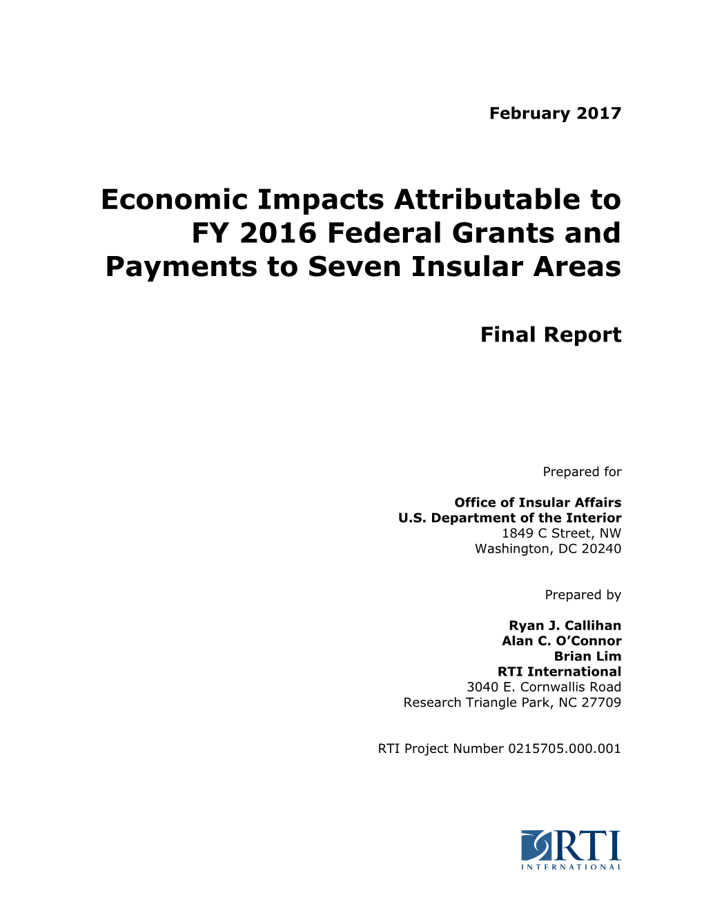 Economic Impacts Attributable to FY 2016 Federal Grants and Payments to Seven Insular Areas