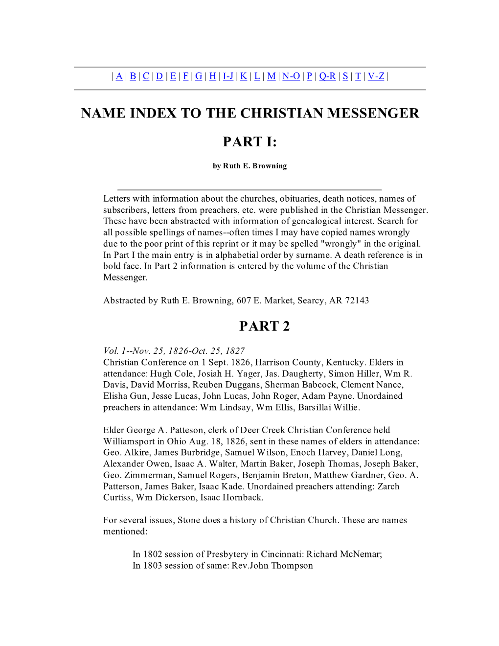 Name Index to the Christian Messenger Part I