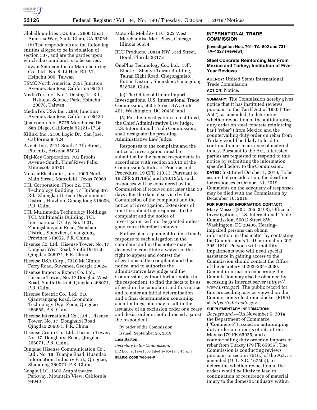 Federal Register/Vol. 84, No. 190/Tuesday, October 1, 2019