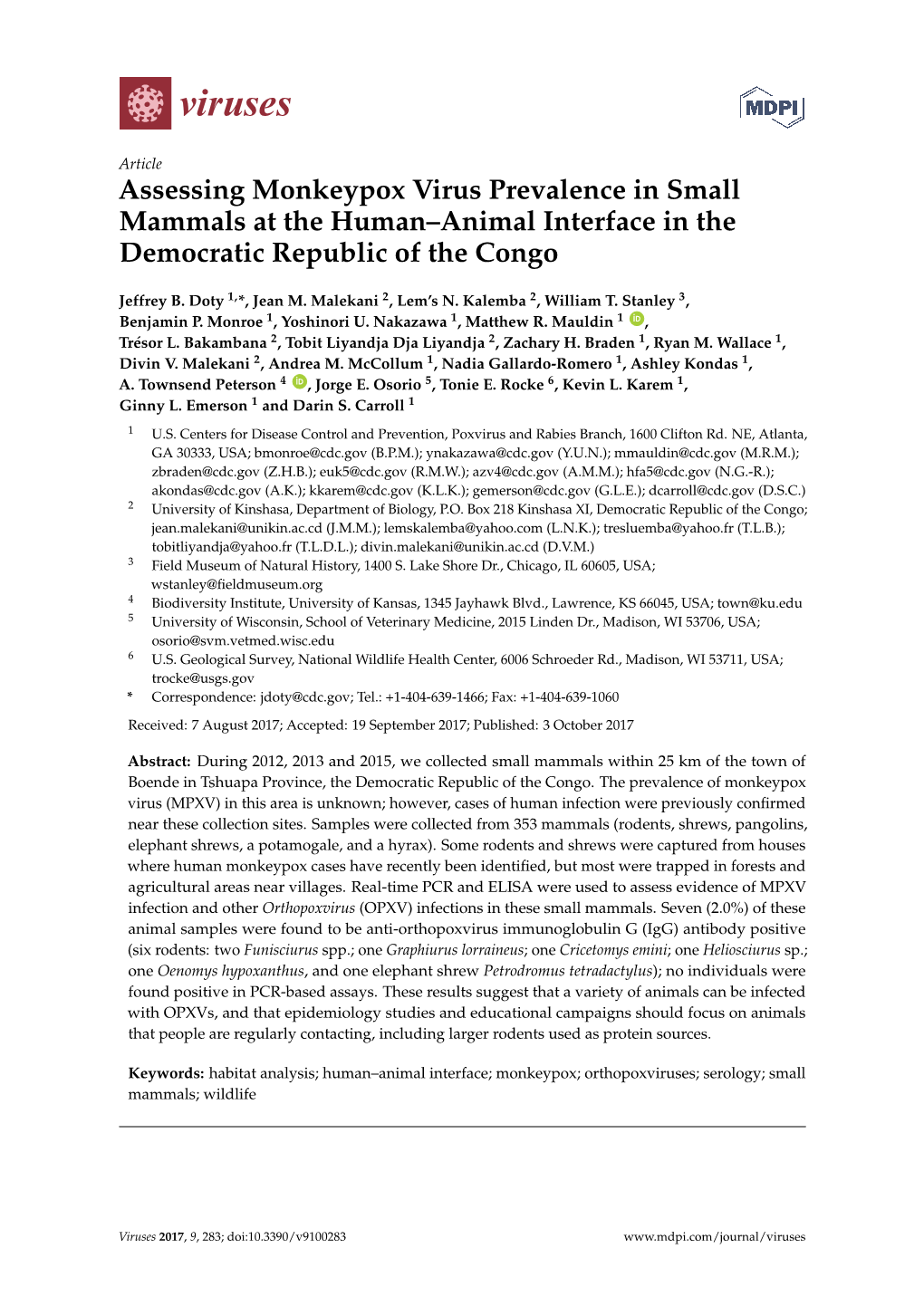 Assessing Monkeypox Virus Prevalence in Small Mammals at the Human–Animal Interface in the Democratic Republic of the Congo