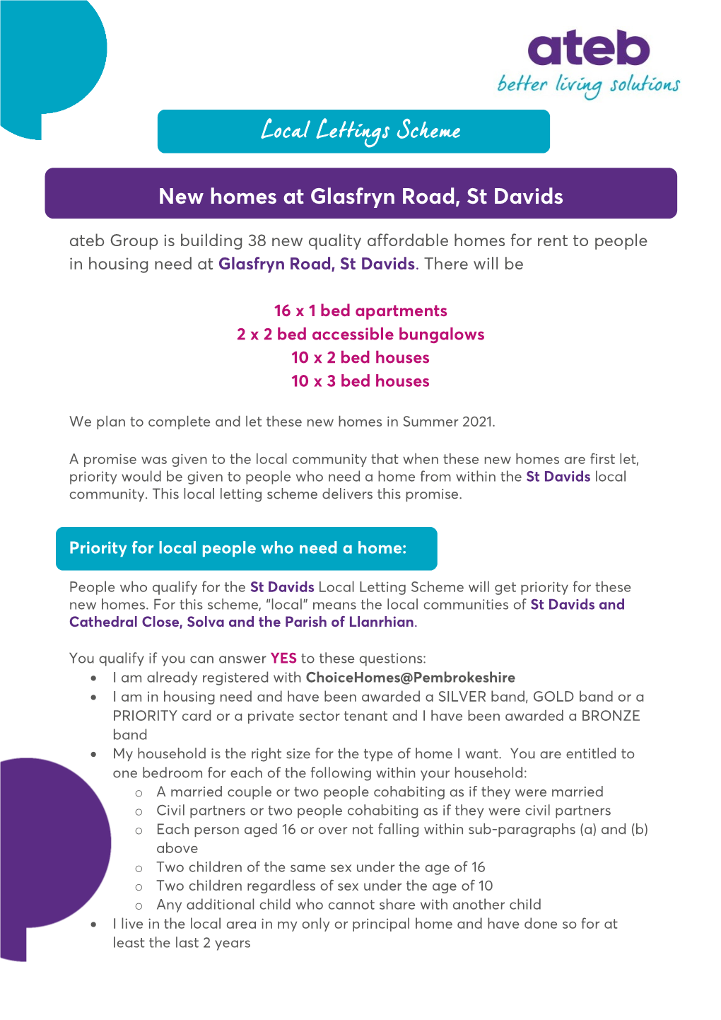 Local Lettings Scheme New Homes at Glasfryn Road, St Davids