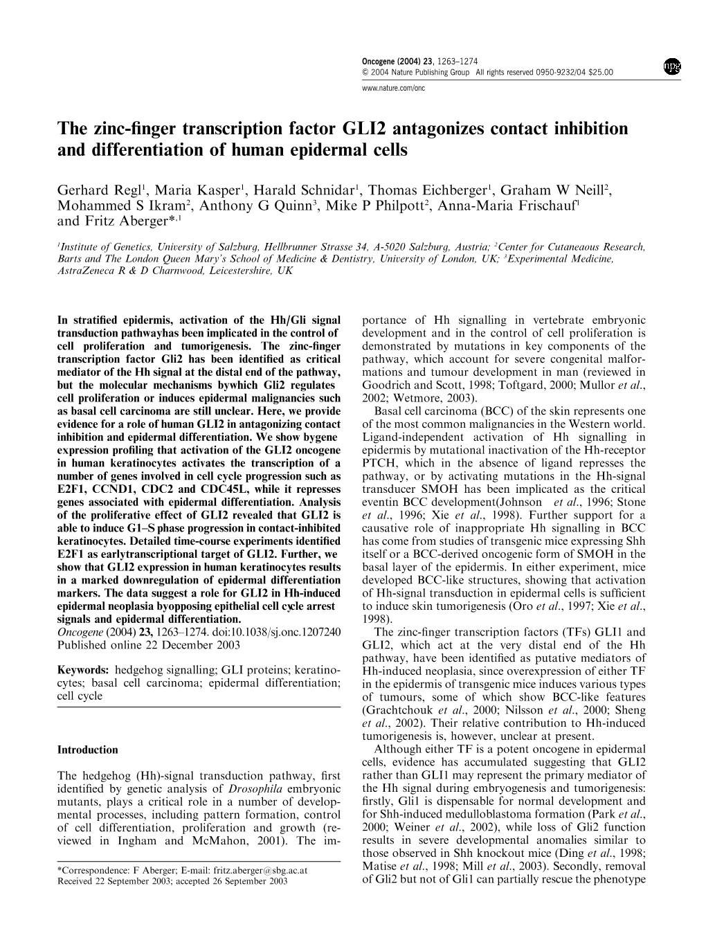 The Zinc-Finger Transcription Factor GLI2 Antagonizes Contact Inhibition and Differentiation of Human Epidermal Cells