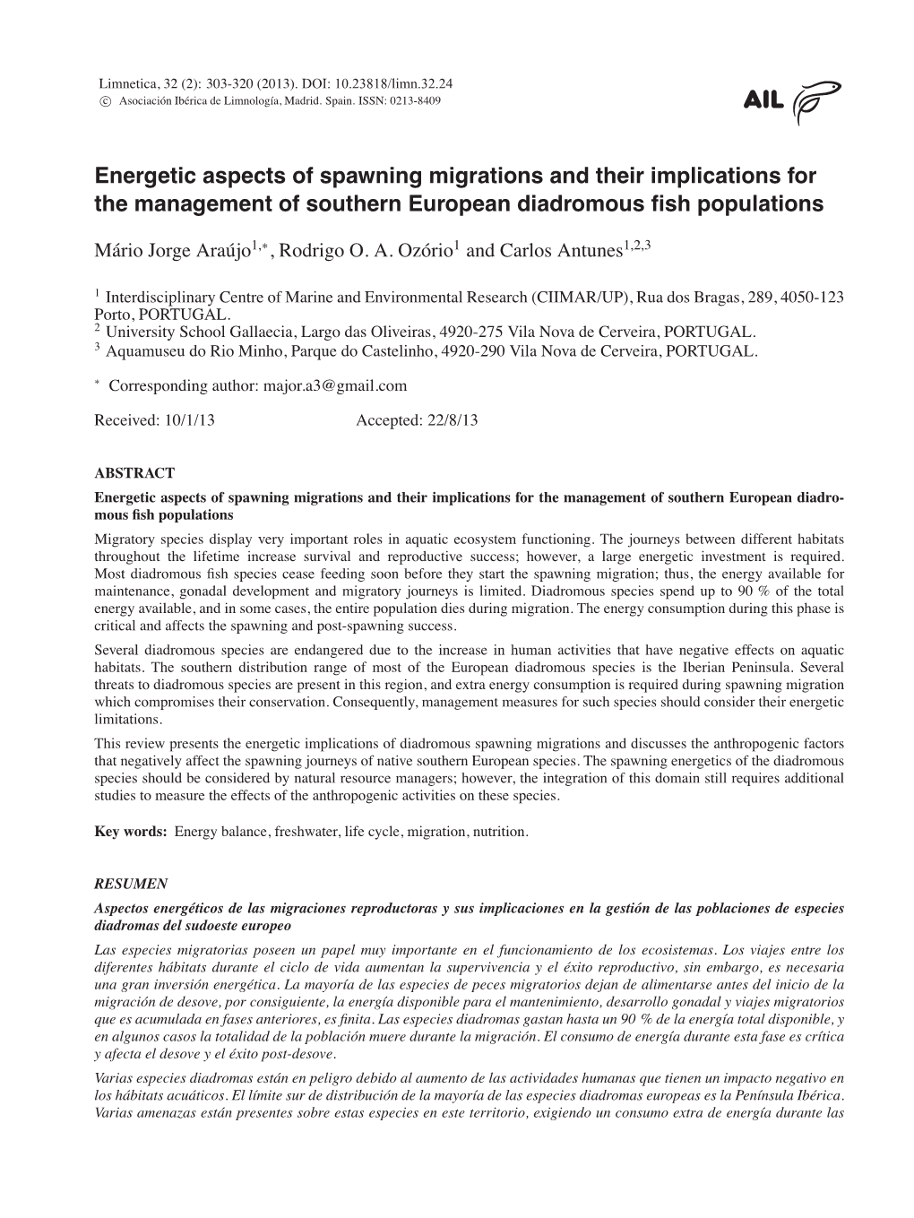 Energetic Aspects of Spawning Migrations and Their Implications for the Management of Southern European Diadromous ﬁsh Populations