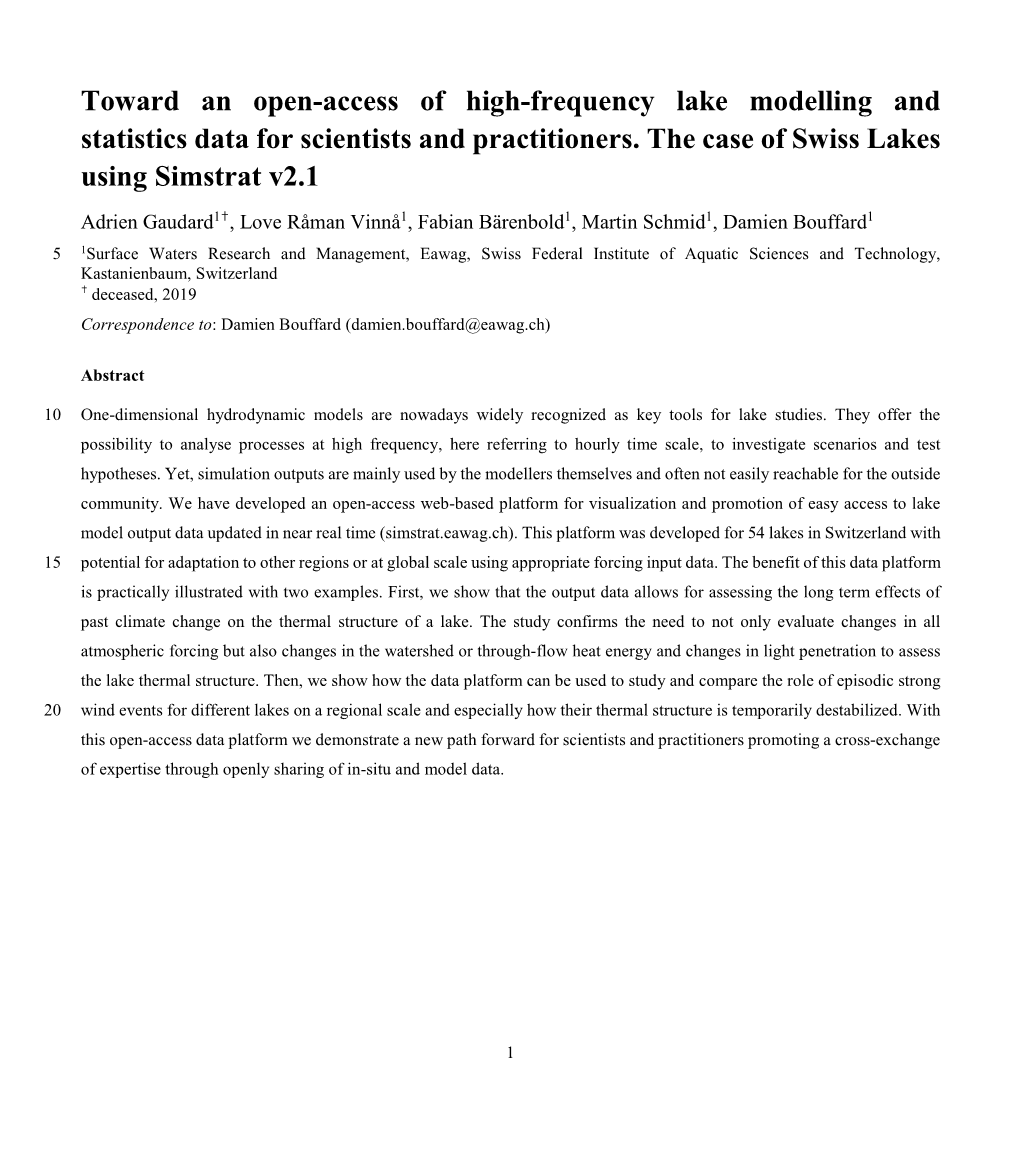 Toward an Open-Access of High-Frequency Lake Modelling and Statistics Data for Scientists and Practitioners