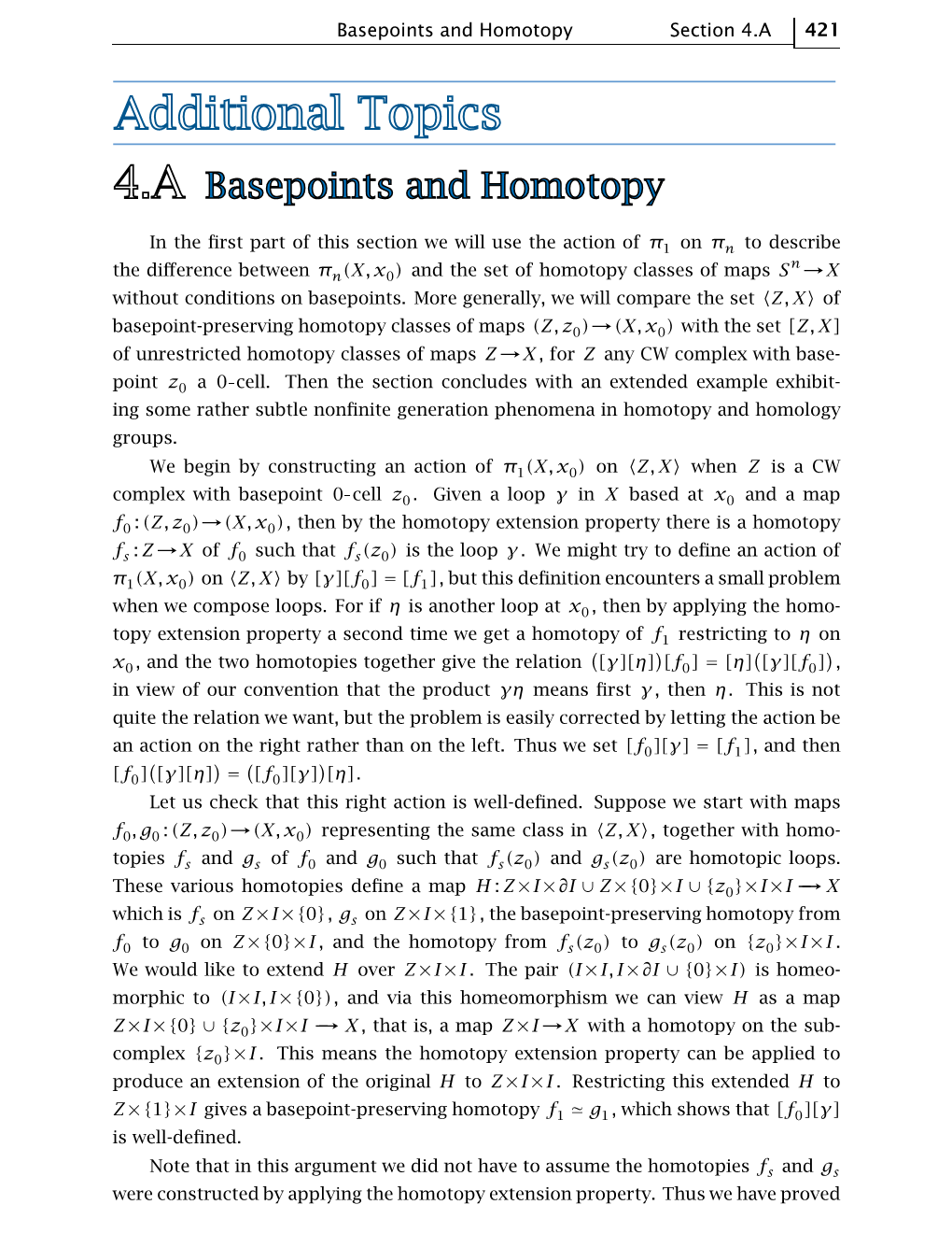 Basepoints and Homotopy Section 4.A 421 in the First Part of This Section We Will Use the Action of Π1 on Πn to Describe the D