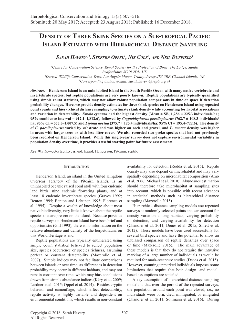 Density of Three Skink Species on a Sub-Tropical Pacific Island Estimated with Hierarchical Distance Sampling