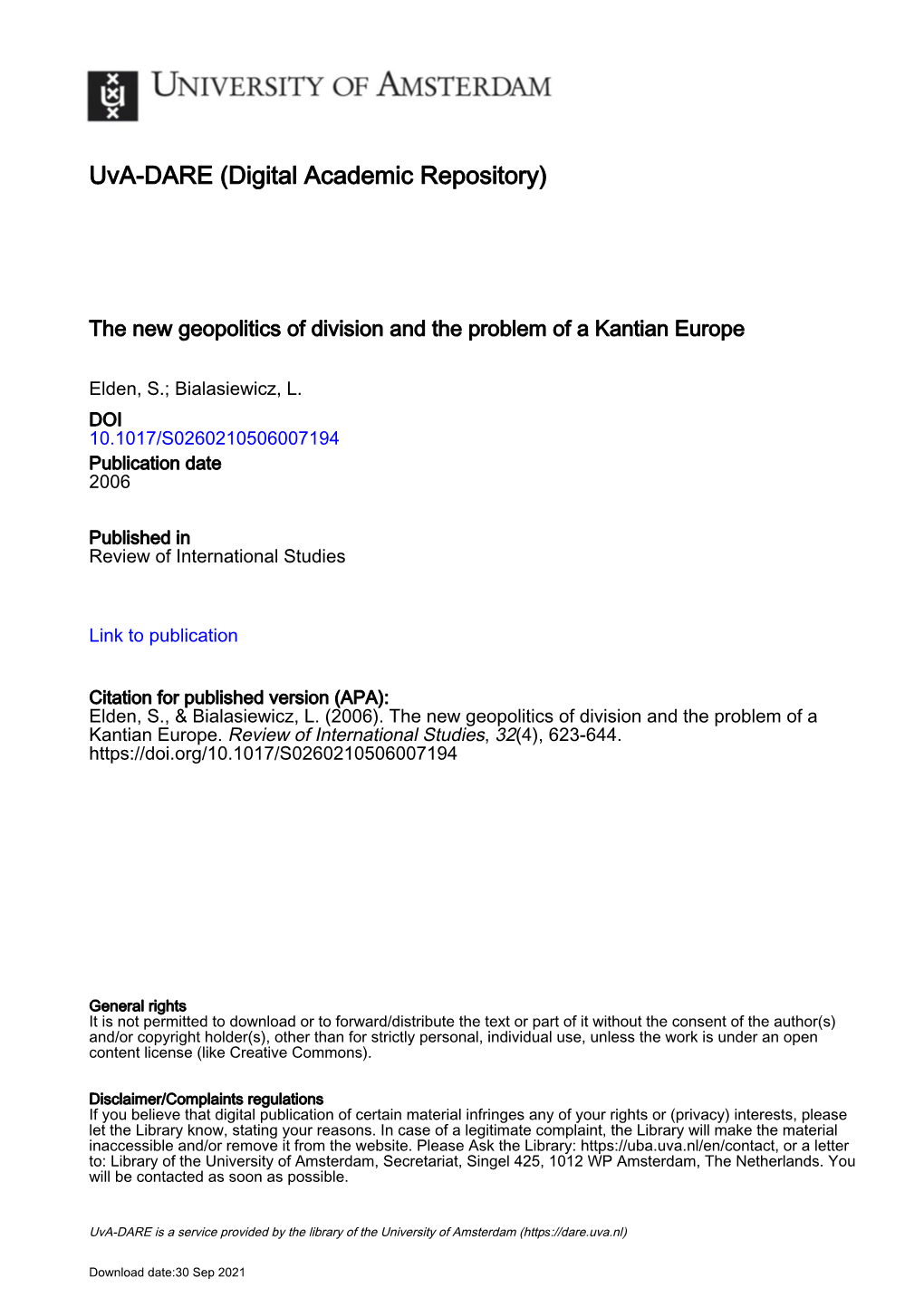 The New Geopolitics of Division and the Problem of a Kantian Europe