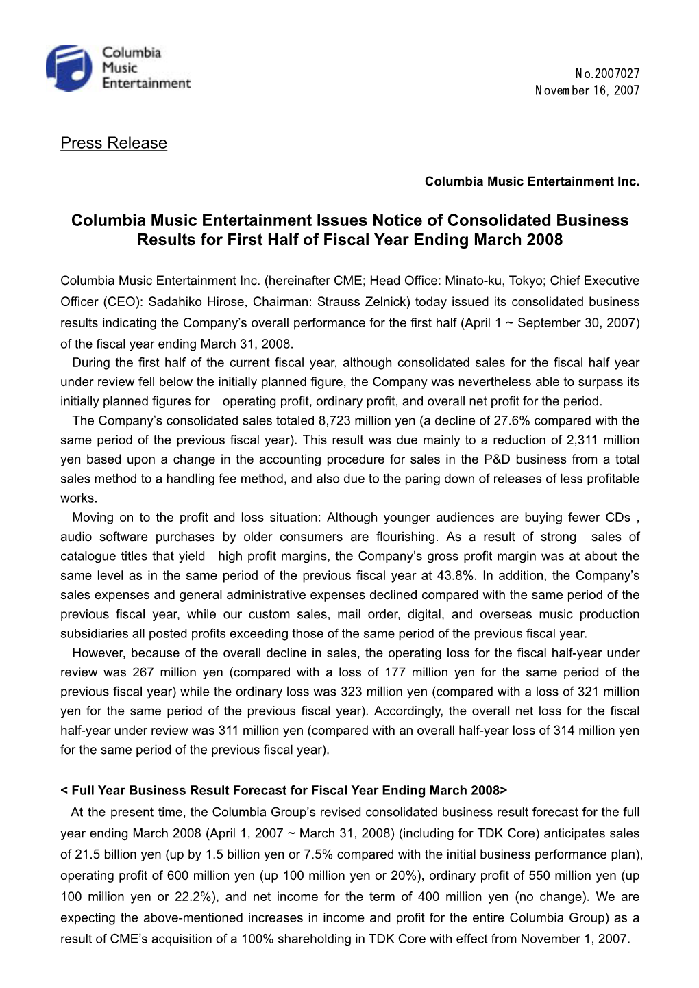 Press Release Columbia Music Entertainment Issues Notice Of