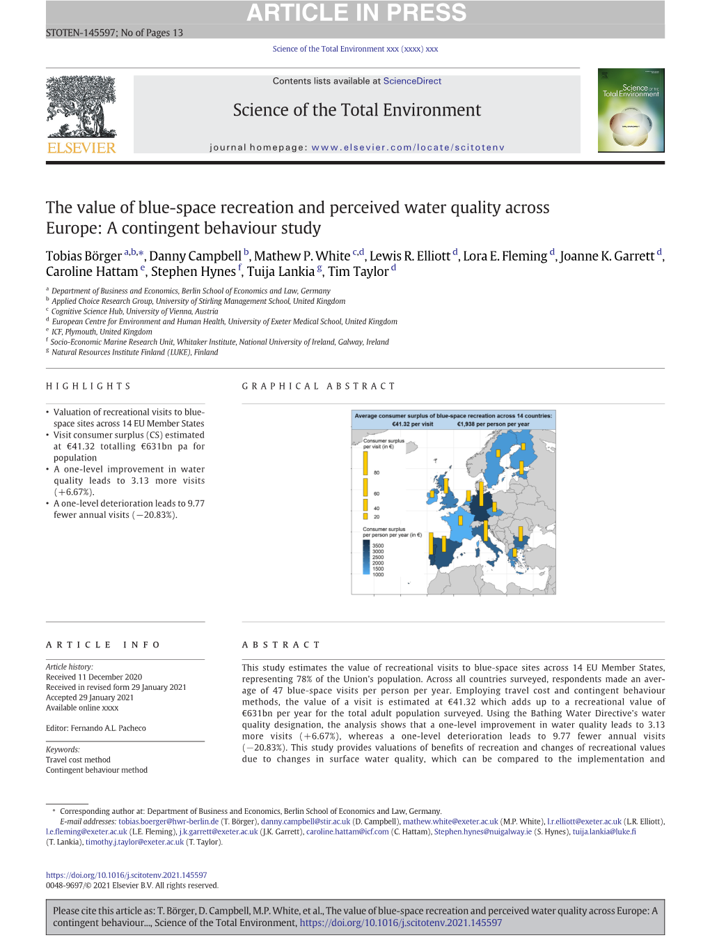 The Value of Blue-Space Recreation and Perceived Water Quality Across Europe: a Contingent Behaviour Study