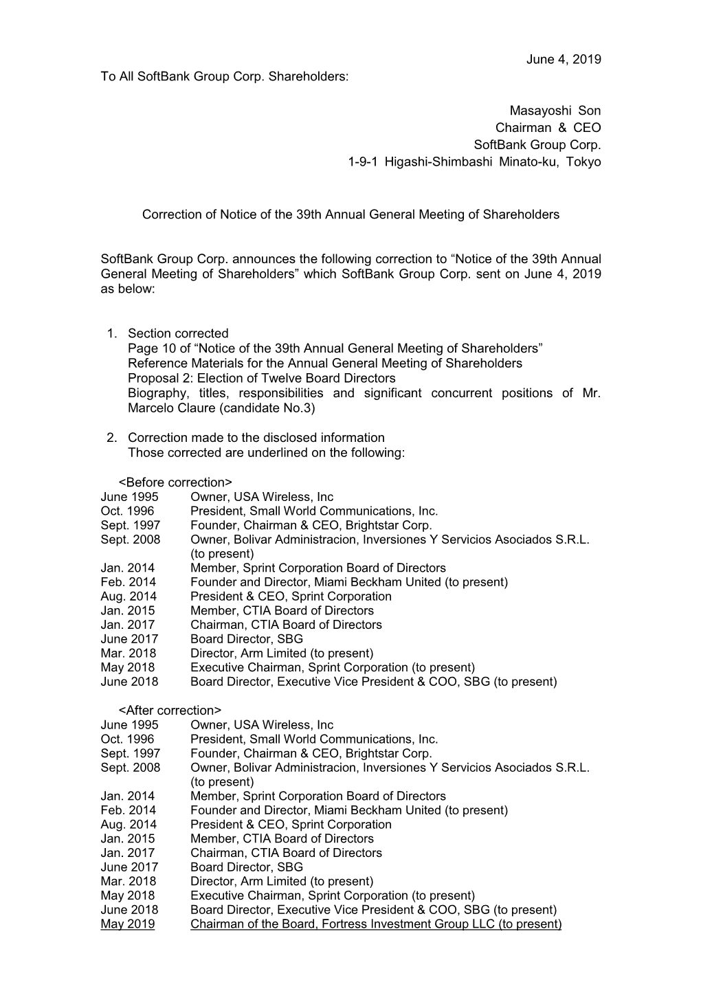 Correction of Notice of the 39Th Annual General Meeting of Shareholders