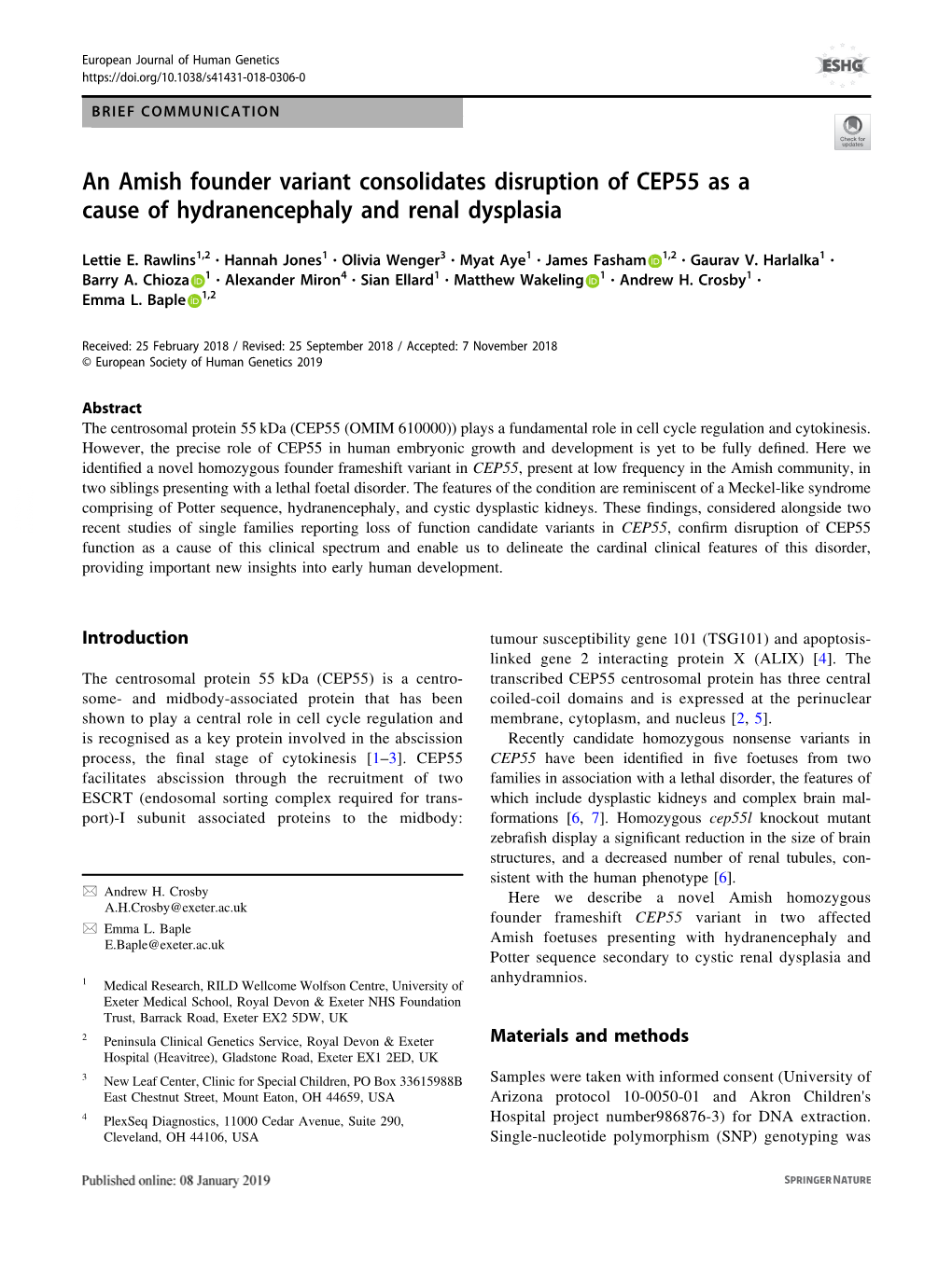 An Amish Founder Variant Consolidates Disruption of CEP55 As a Cause of Hydranencephaly and Renal Dysplasia