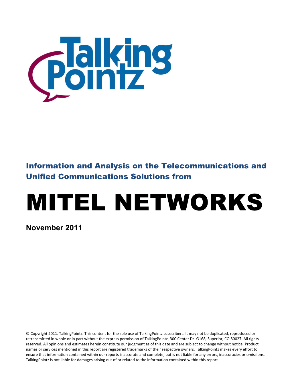 MITEL NETWORKS November 2011