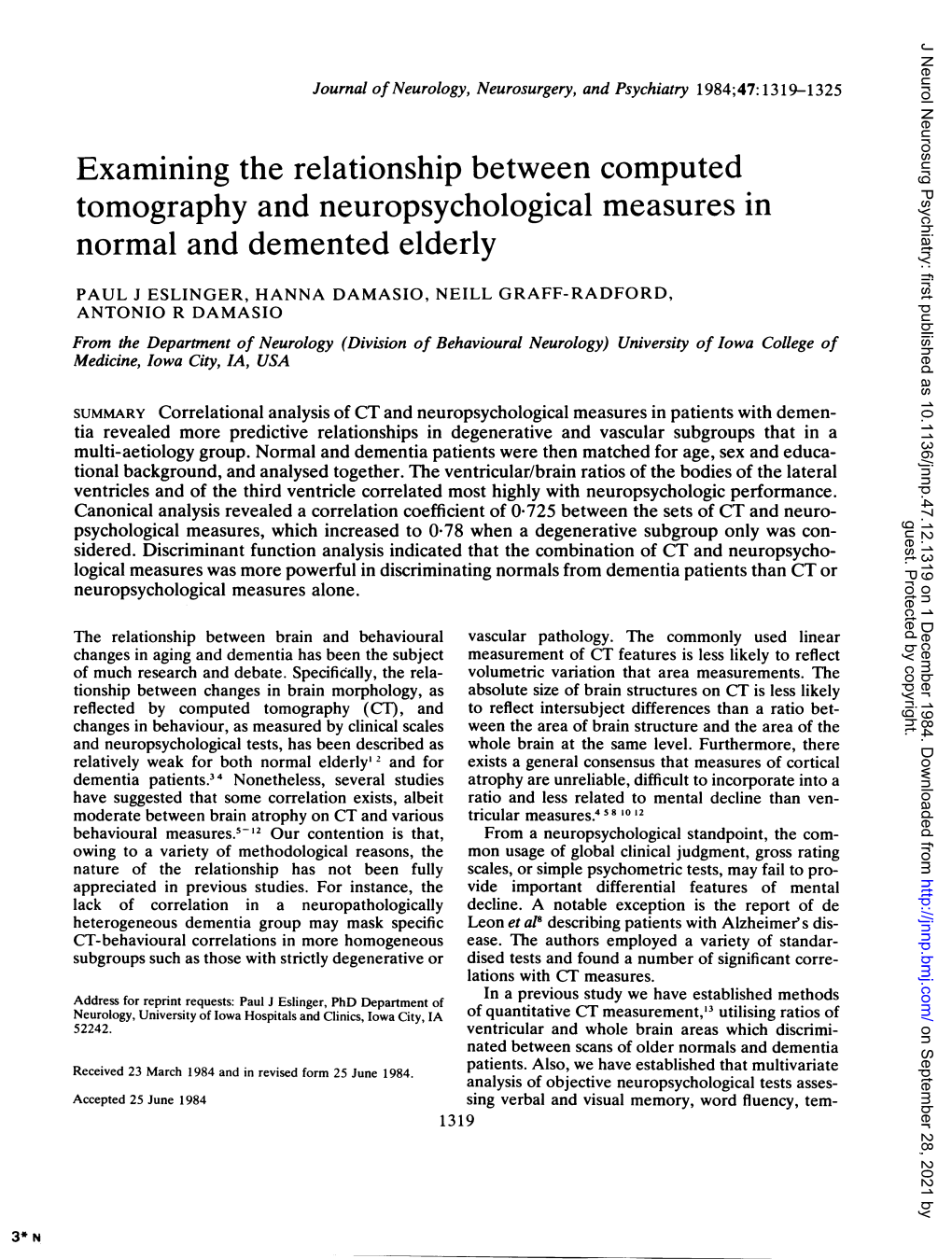 Examining the Relationship Between Computed Tomography and Neuropsychological Measures in Normal and Demented Elderly