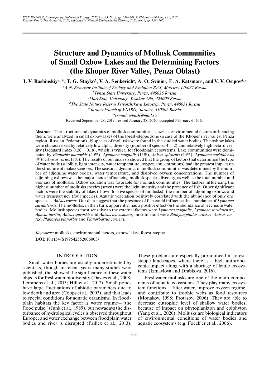 Structure and Dynamics of Mollusk Communities of Small Oxbow Lakes and the Determining Factors (The Khoper River Valley, Penza Oblast) I