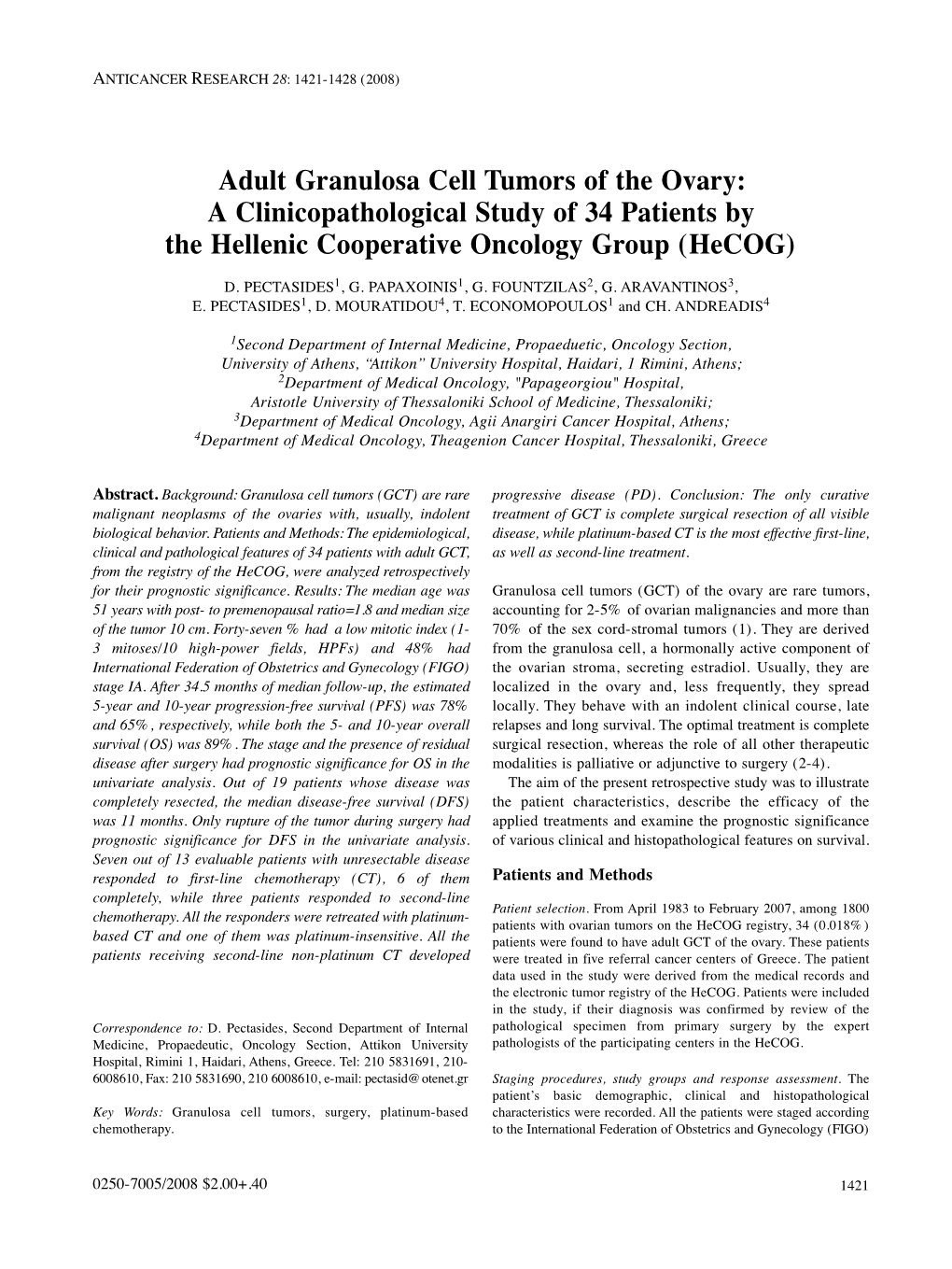 Adult Granulosa Cell Tumors of the Ovary: a Clinicopathological Study of 34 Patients by the Hellenic Cooperative Oncology Group (Hecog) D
