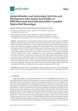 Antiproliferative and Antioxidant Activities and Mycosporine-Like Amino Acid Profiles of Wild-Harvested and Cultivated Edible Ca