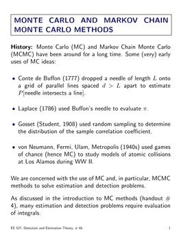 Monte Carlo and Markov Chain Monte Carlo Methods