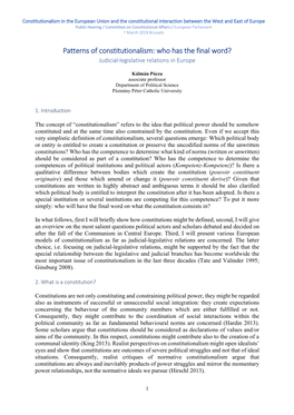 Patterns of Constitutionalism: Who Has the Final Word? Judicial-Legislative Relations in Europe