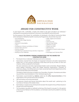 Constructive Work a Cash Award of Rs