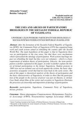 The Uses and Abuses of Participatory Ideologies in the Socialist Federal Republic of Yugoslavia