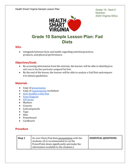 Fad Diets Sols • Istinguish Between Facts and Myths Regarding Nutrition Practices, Products, and Physical Performance