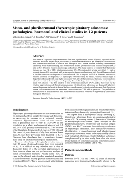 And Plurihormonal Thyrotropic Pituitary Adenomas: Pathological, Hormonal and Clinical Studies in 12 Patients