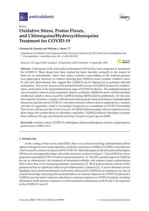 Oxidative Stress, Proton Fluxes, and Chloroquine/Hydroxychloroquine Treatment for COVID-19