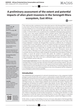 A Preliminary Assessment of the Extent and Potential Impacts of Alien Plant Invasions in the Serengeti-Mara Ecosystem, East Africa