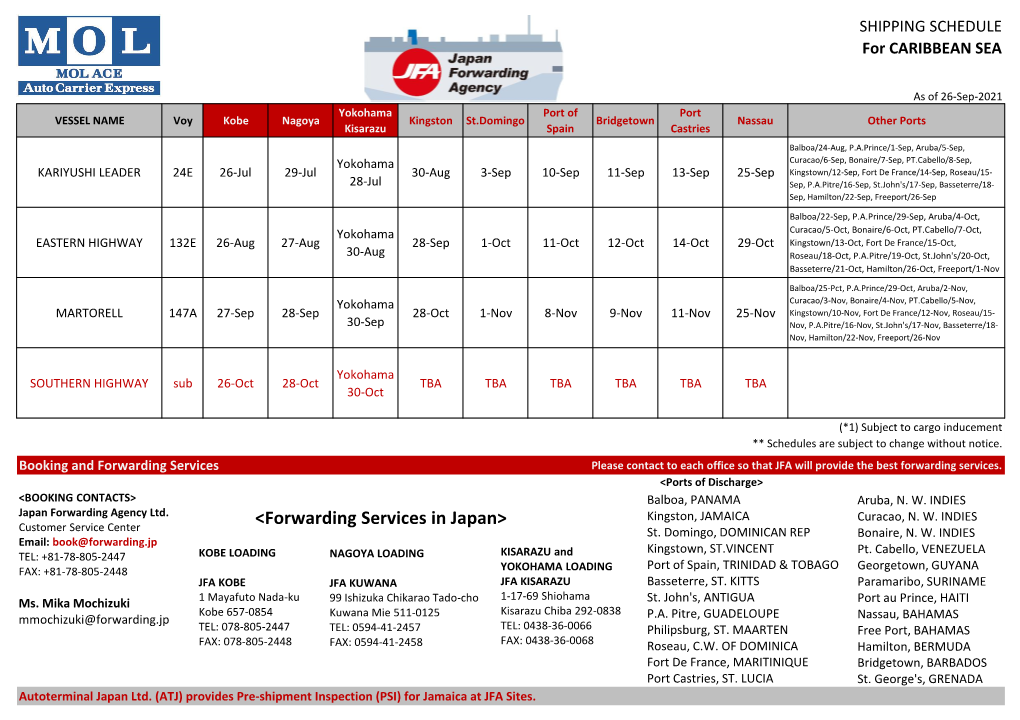 SHIPPING SCHEDULE for CARIBBEAN SEA