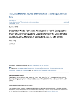 Comparative Study of Anti-Cybersquatting Legal Systems in the United States and China, 20 J